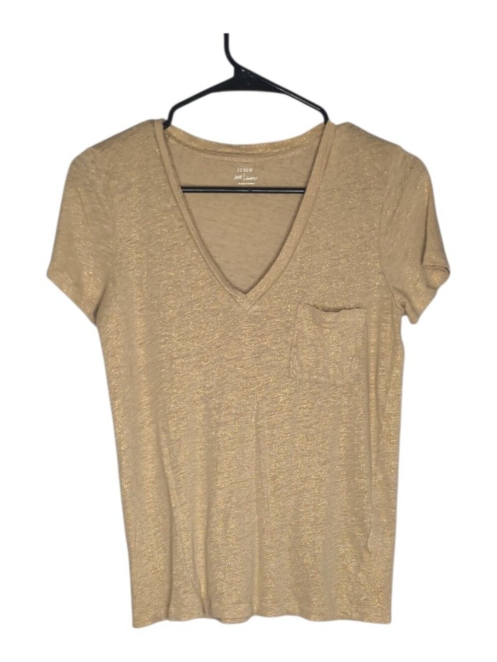 J Crew Gray Silver Metallic V Neck Linen Short Sleeve Top T Shirt Women's Small